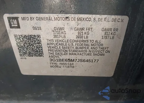 2018 Chevrolet Cruze Lt Auto z USA, uszkodzony, nr VIN 3G1BE6SM7JS645177